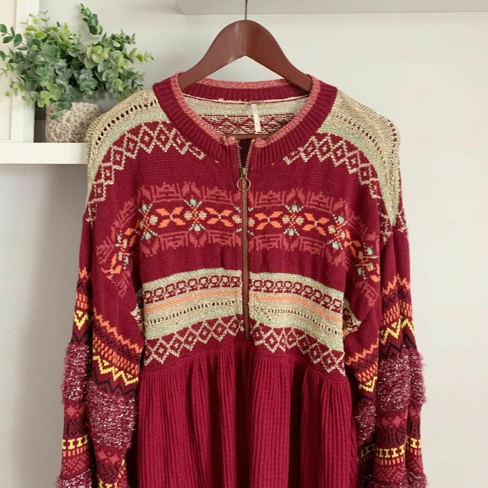 NEW Free People Fair Isle Cozy Cottage Sweater M Pullover Tunic Bell Sleeves Top - Picture 13 of 16